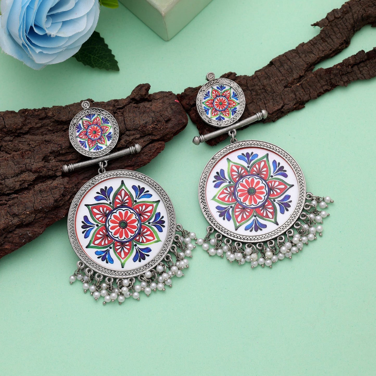 Artistic Multi Color Meena Work Oxidised Earrings With Traditional Festive Craftsmanship