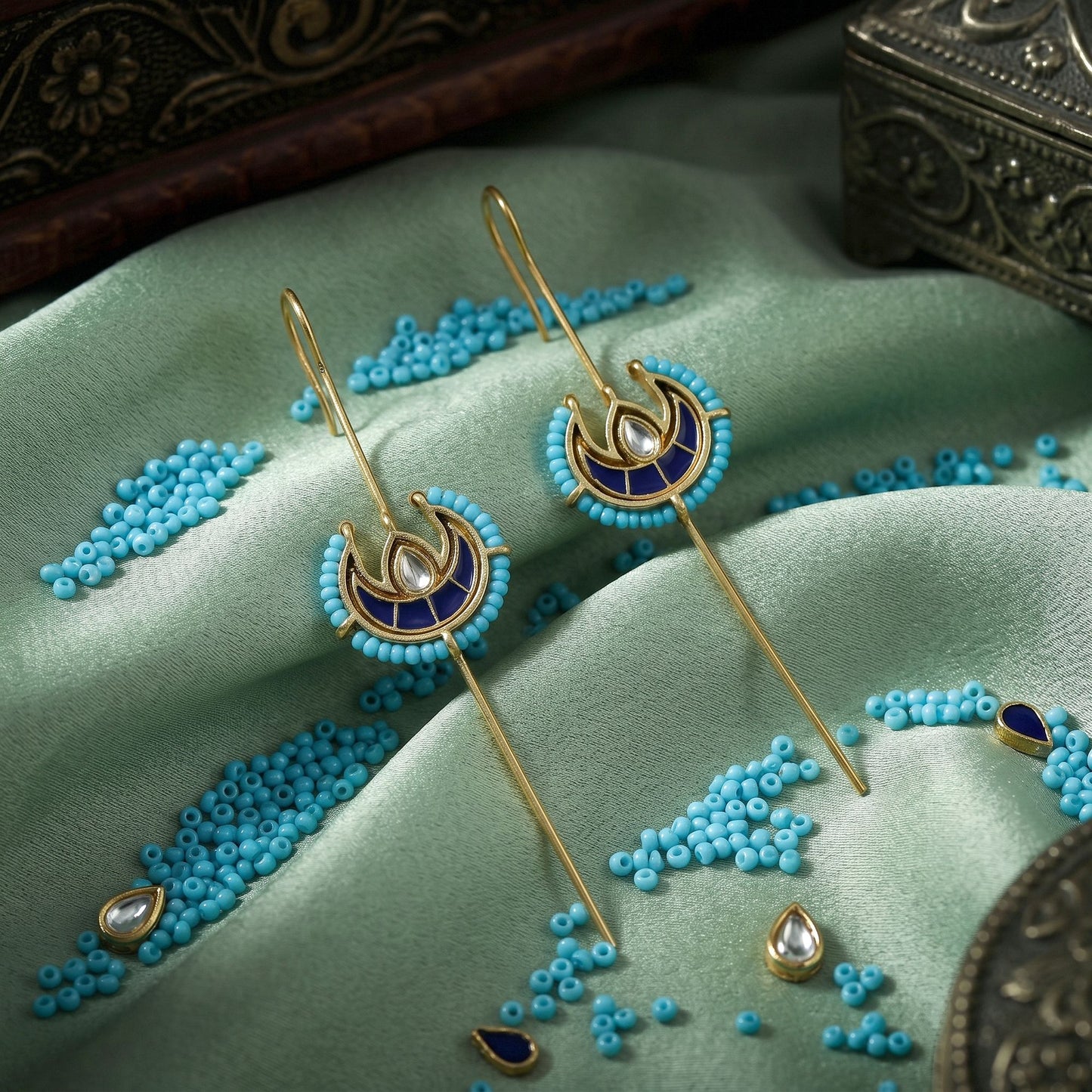 Premium Blue Color Meena Work Oxidised Ear Cuff With Elegant Handmade Artwork