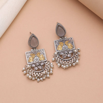 Grey Color Dual Tone Oxidised Earrings With Elegant Handcrafted Design Style