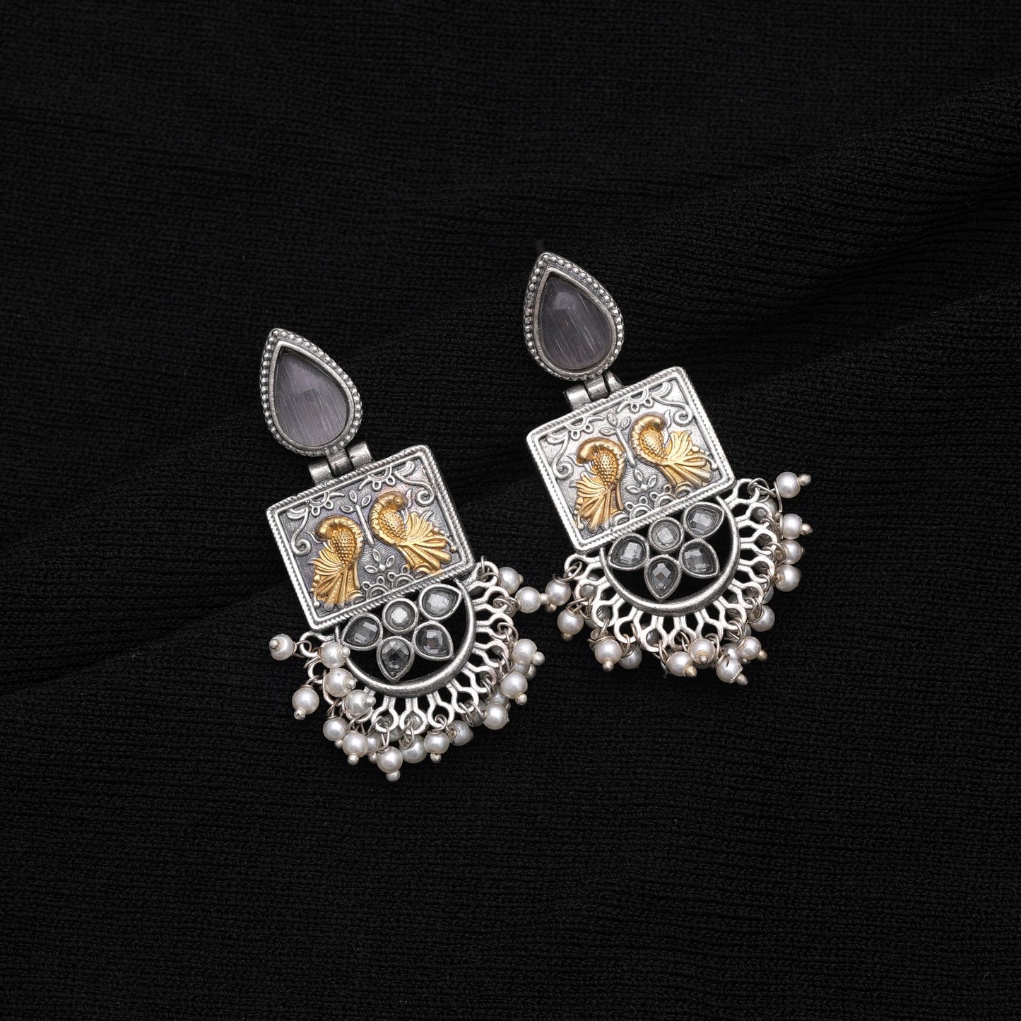 Grey Color Dual Tone Oxidised Earrings With Elegant Handcrafted Design Style