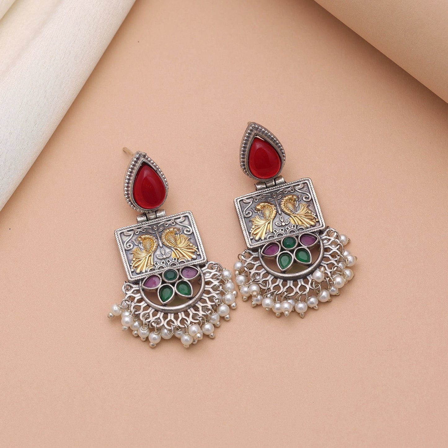 Maroon & Green Color Dual Tone Oxidised Earrings For Traditional Ethnic Look