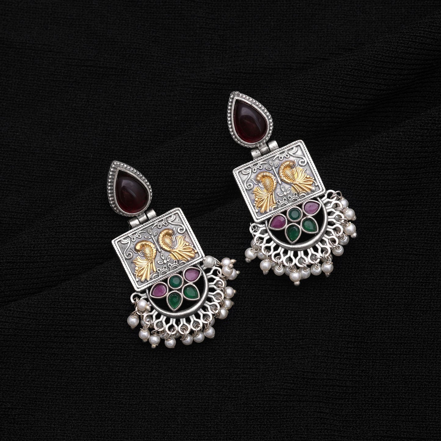 Maroon & Green Color Dual Tone Oxidised Earrings For Traditional Ethnic Look
