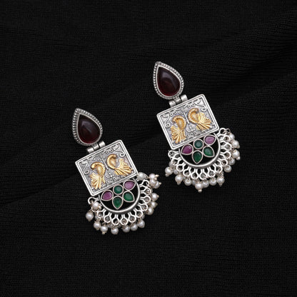 Maroon & Green Color Dual Tone Oxidised Earrings For Traditional Ethnic Look