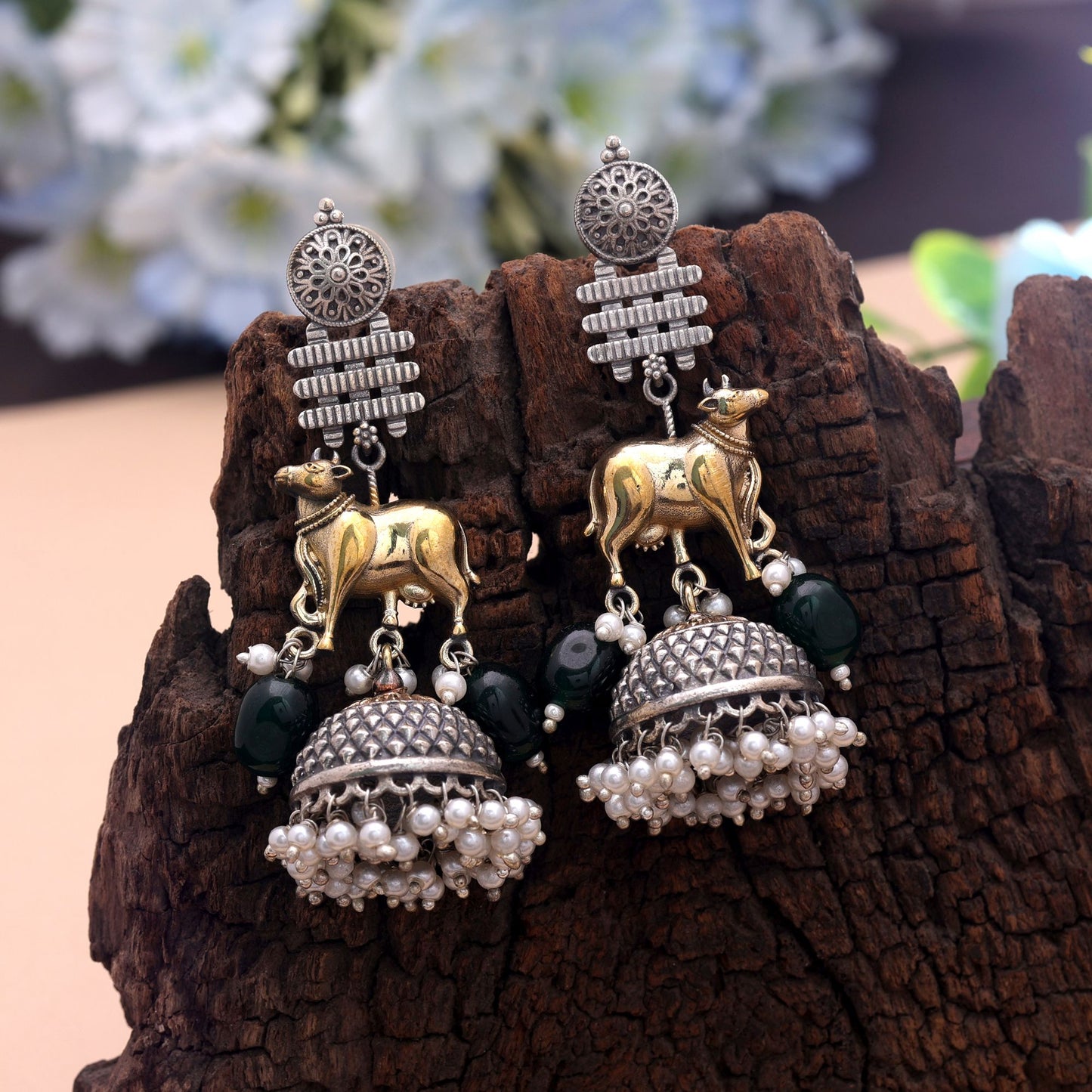 Green Color Dual Tone Oxidised Earrings With Unique Ethnic Pattern Design