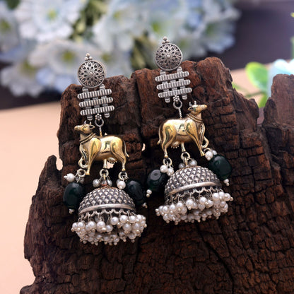 Green Color Dual Tone Oxidised Earrings With Unique Ethnic Pattern Design