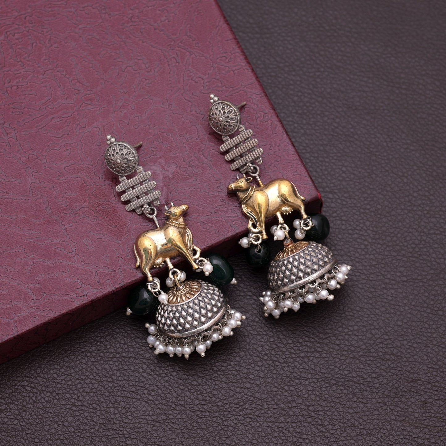 Green Color Dual Tone Oxidised Earrings With Unique Ethnic Pattern Design