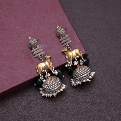 Green Color Dual Tone Oxidised Earrings With Unique Ethnic Pattern Design