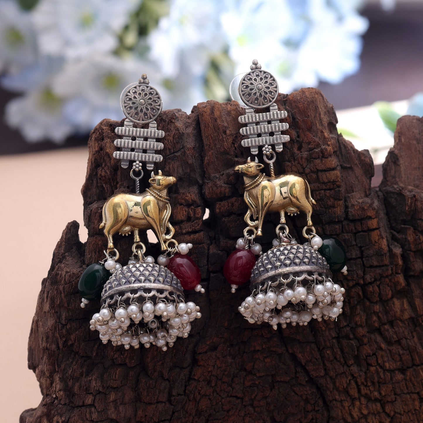 Maroon & Green Color Dual Tone Oxidised Earrings For Festive Occasions
