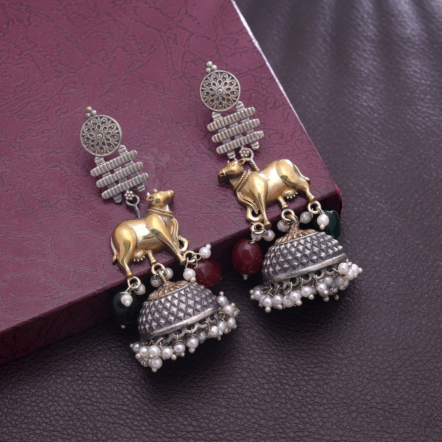 Maroon & Green Color Dual Tone Oxidised Earrings For Festive Occasions
