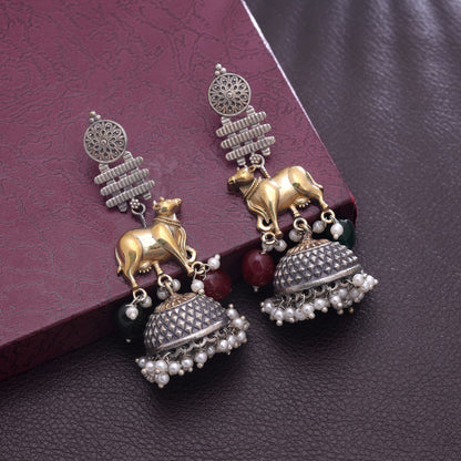 Maroon & Green Color Dual Tone Oxidised Earrings For Festive Occasions