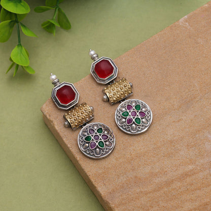 Maroon & Green Color Dual Tone Oxidised Earrings With Traditional Charm