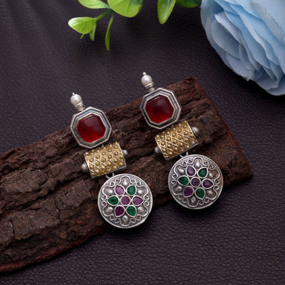 Maroon & Green Color Dual Tone Oxidised Earrings With Traditional Charm
