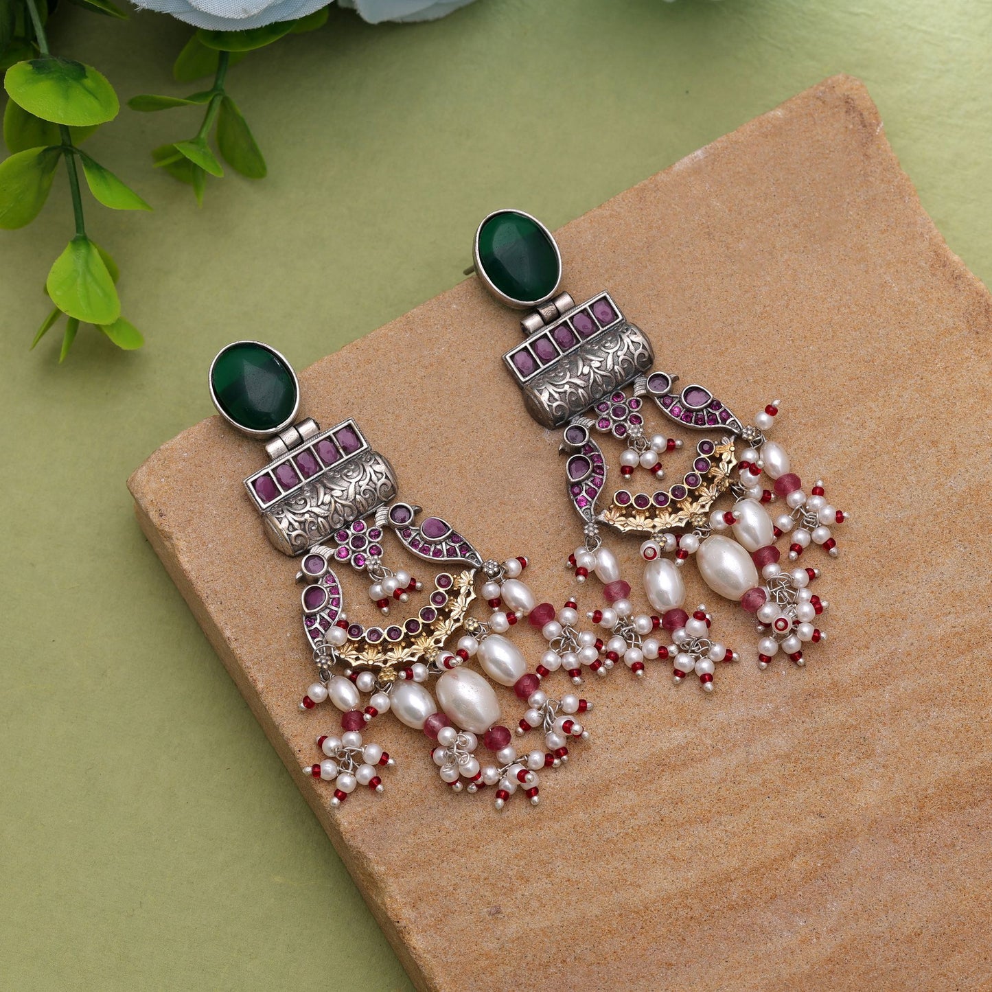 Green Color Dual Tone Oxidised Earrings With Attractive Traditional Detailing
