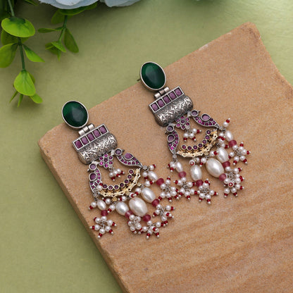 Green Color Dual Tone Oxidised Earrings With Attractive Traditional Detailing