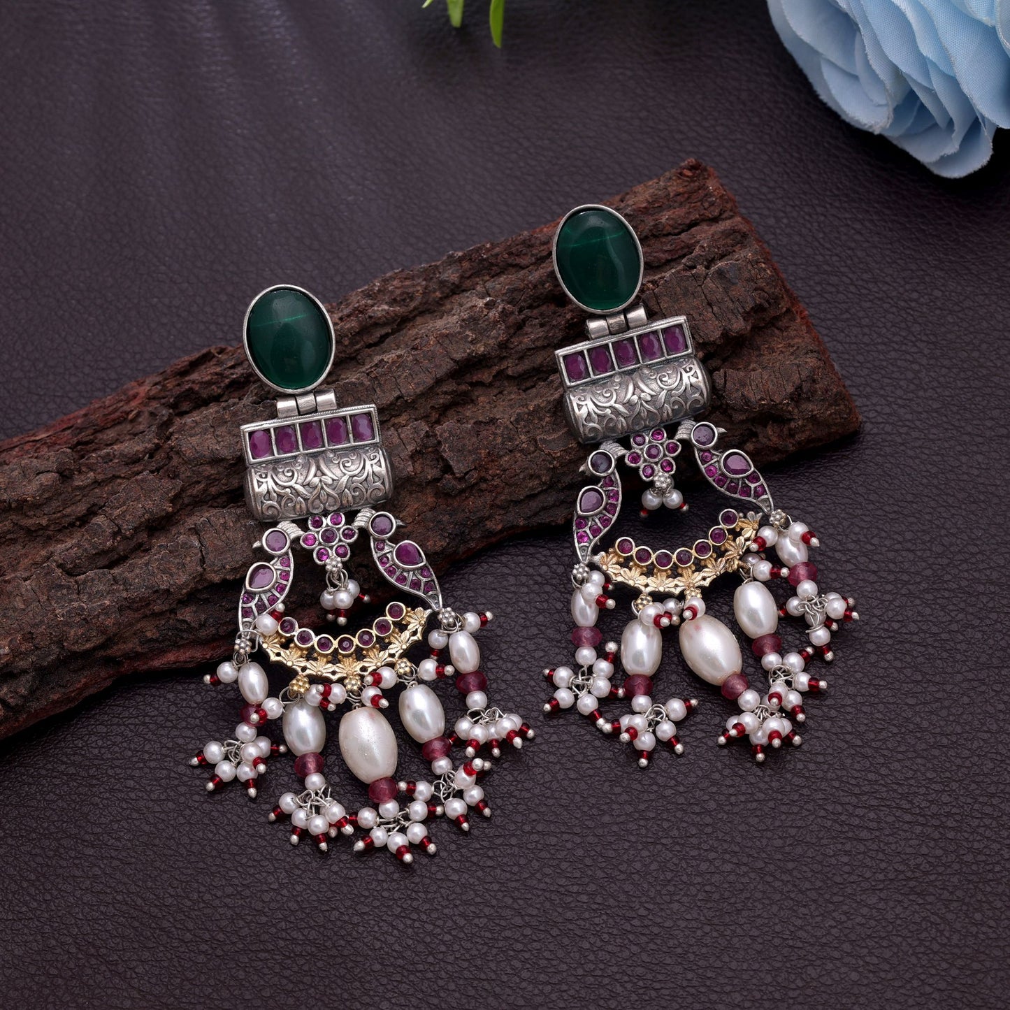 Green Color Dual Tone Oxidised Earrings With Attractive Traditional Detailing
