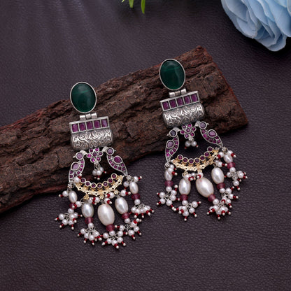 Green Color Dual Tone Oxidised Earrings With Attractive Traditional Detailing