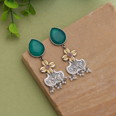 Green Color Dual Tone Oxidised Earrings With Beautiful Craftsmanship Design