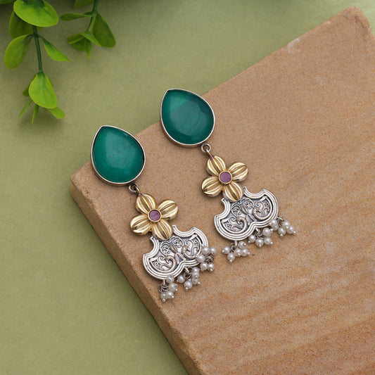 Green Color Dual Tone Oxidised Earrings With Beautiful Craftsmanship Design
