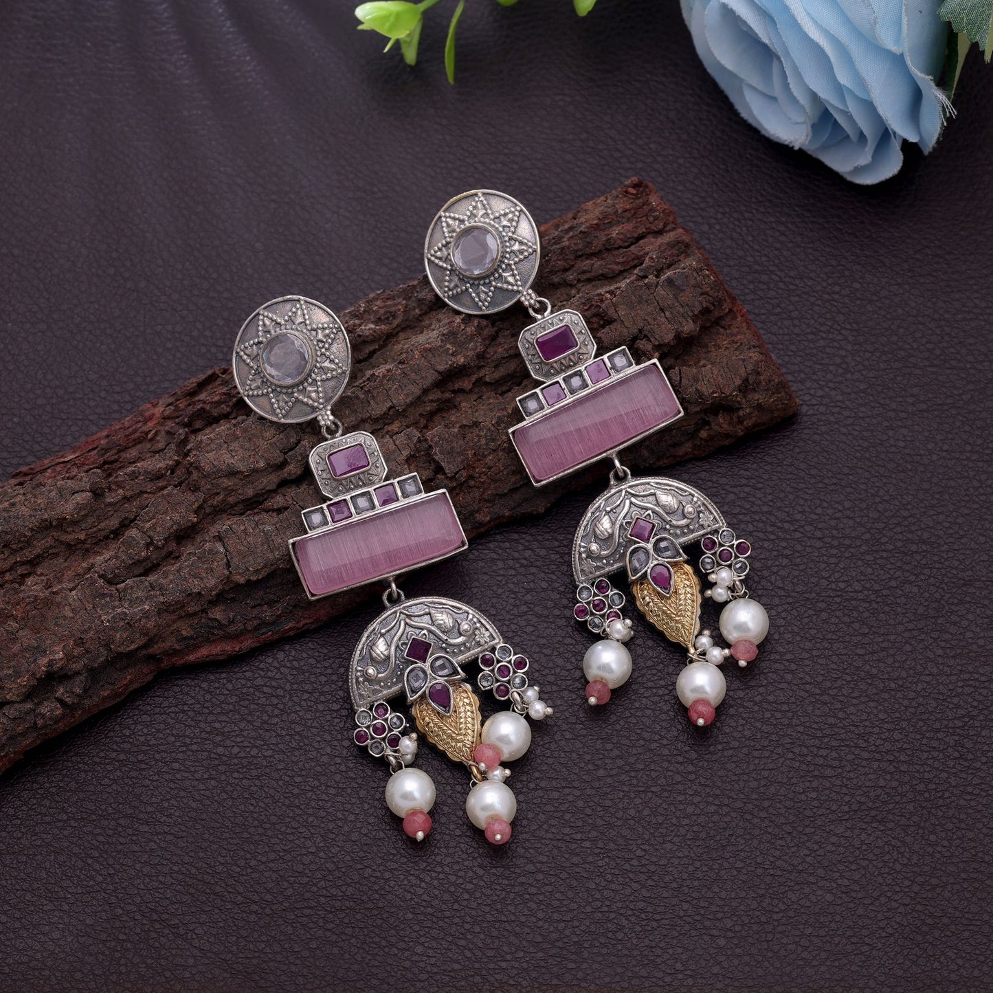 Light Pink Color Dual Tone Oxidised Earrings With Elegant Ethnic Design