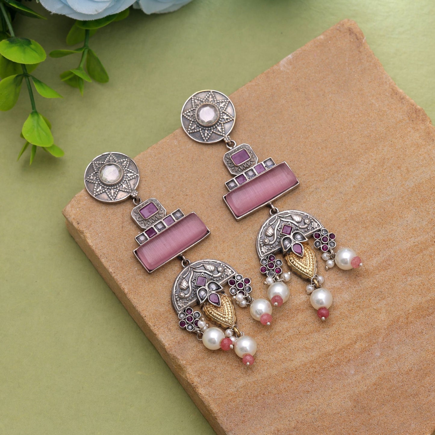 Light Pink Color Dual Tone Oxidised Earrings With Elegant Ethnic Design