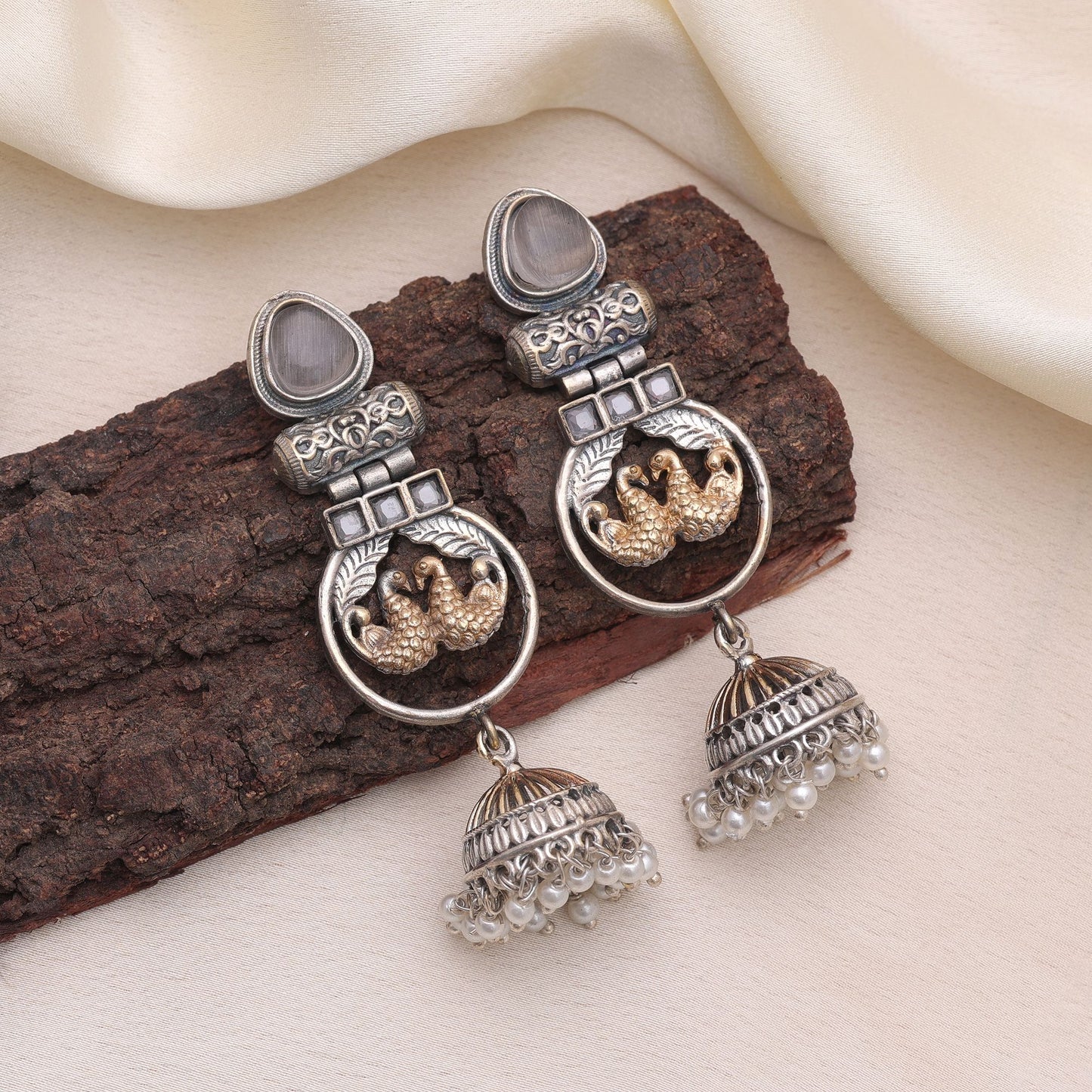 Gold & Silver Color Dual Tone Oxidised Earrings For Modern Ethnic Wear