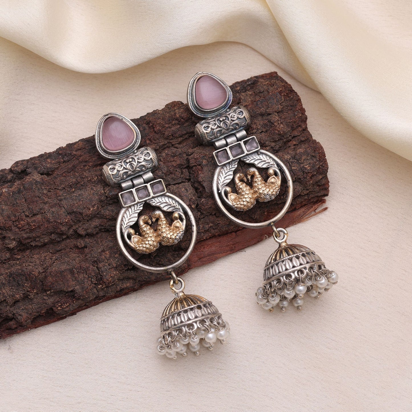 Light Pink Color Dual Tone Oxidised Earrings With Traditional Elegance