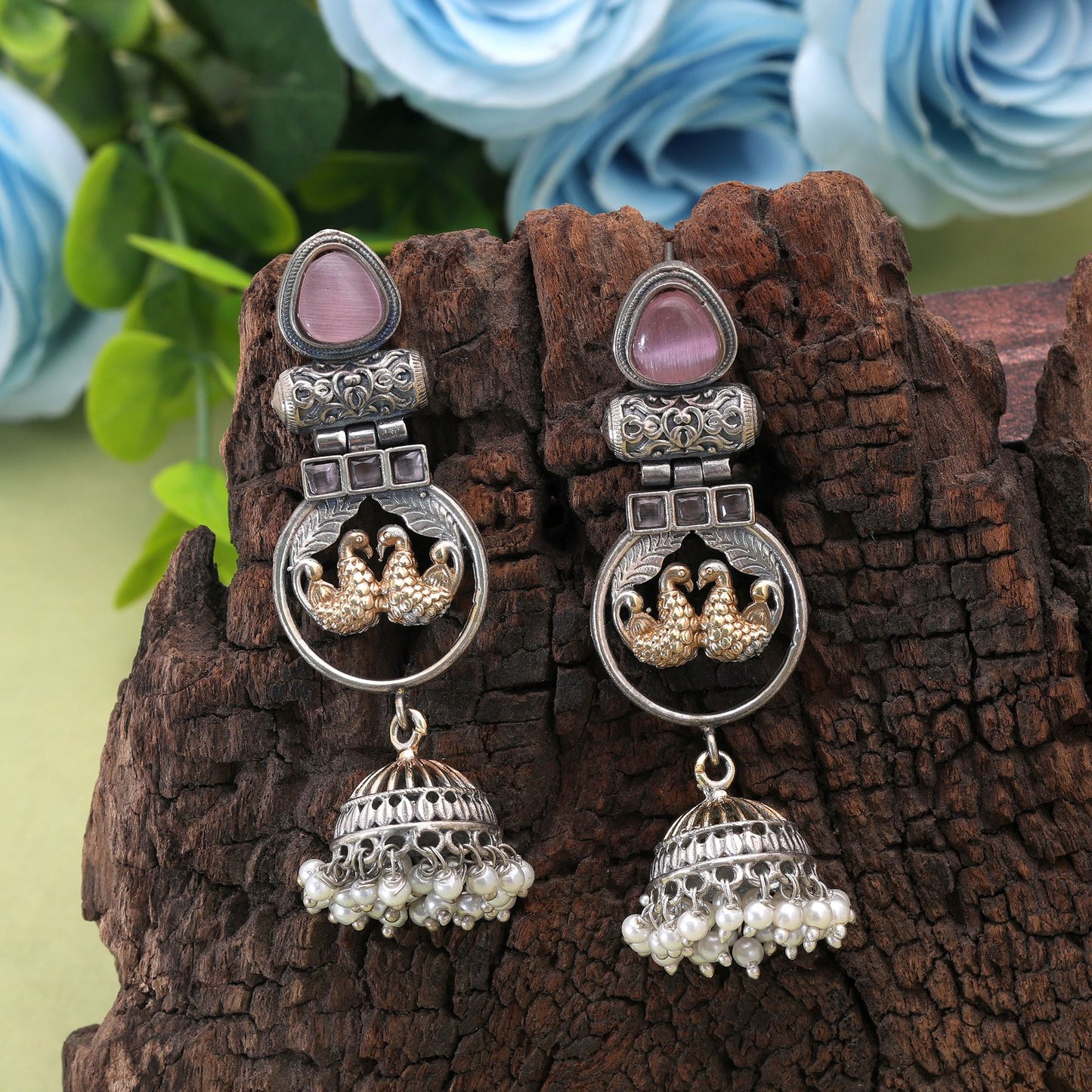 Light Pink Color Dual Tone Oxidised Earrings With Traditional Elegance