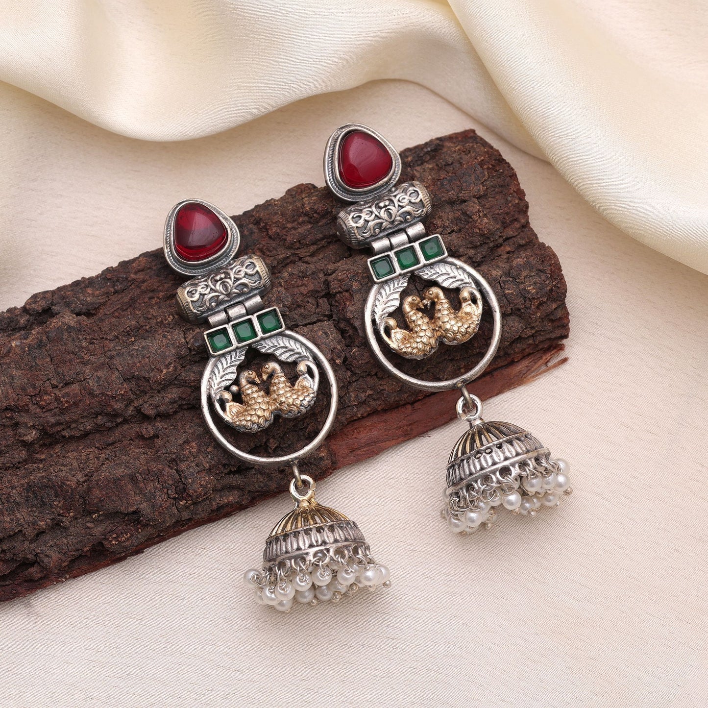 Maroon & Green Color Dual Tone Oxidised Earrings With Artistic Design