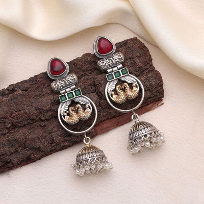 Maroon & Green Color Dual Tone Oxidised Earrings With Artistic Design