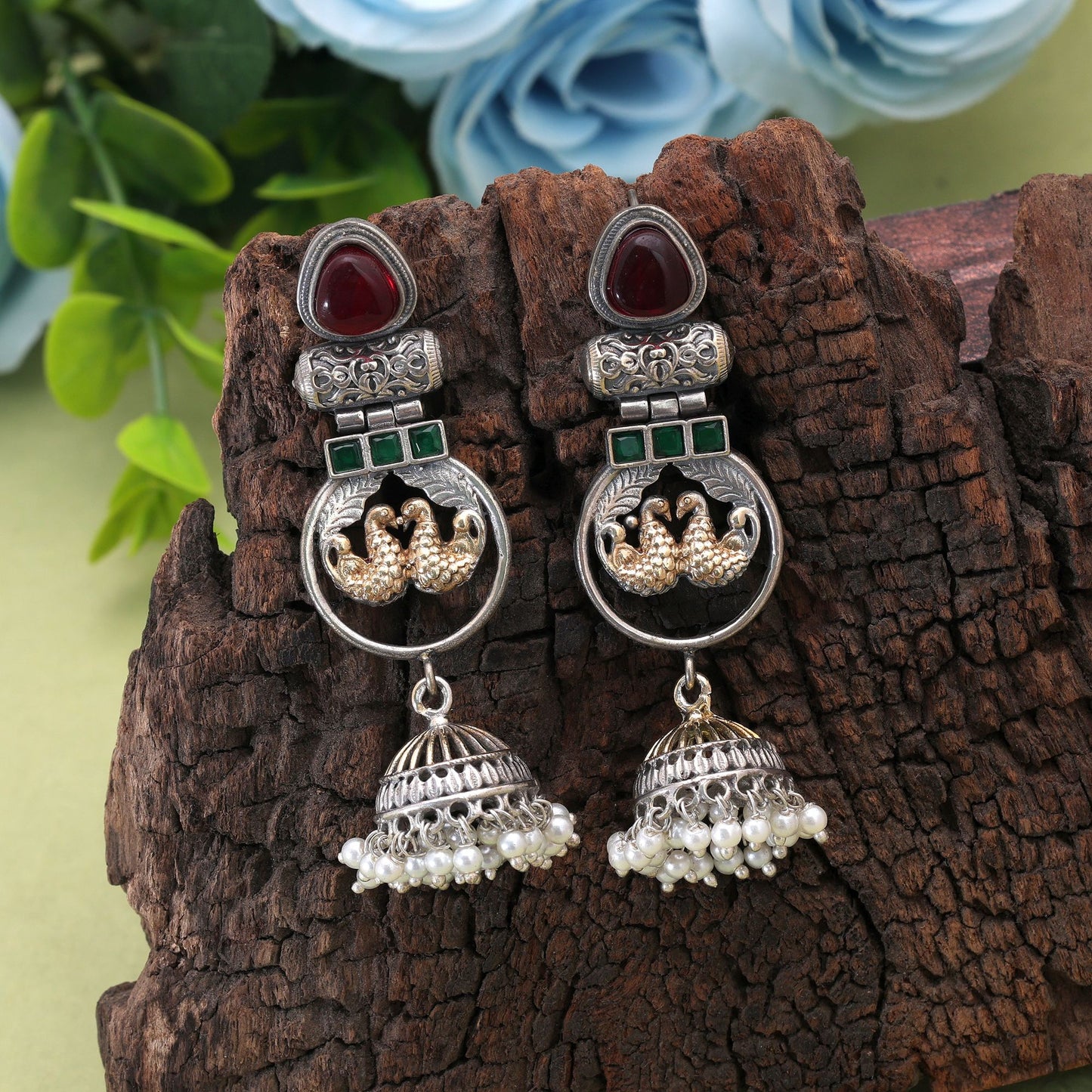 Maroon & Green Color Dual Tone Oxidised Earrings With Artistic Design