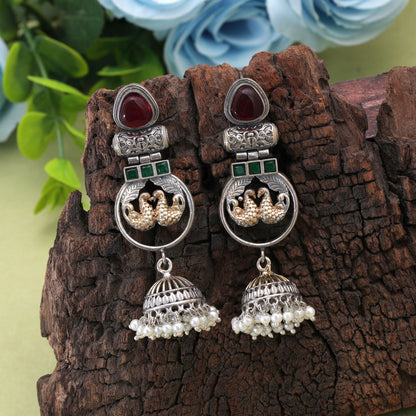 Maroon & Green Color Dual Tone Oxidised Earrings With Artistic Design