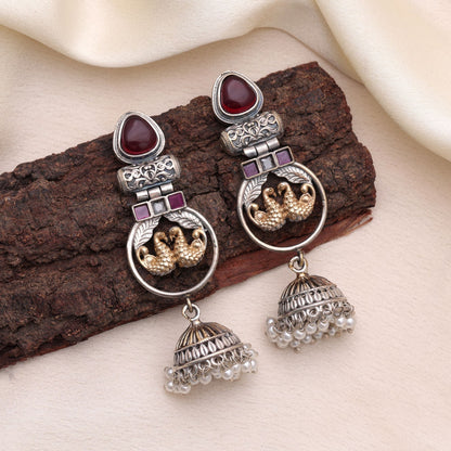 Maroon Color Dual Tone Oxidised Earrings For Graceful Traditional Styling