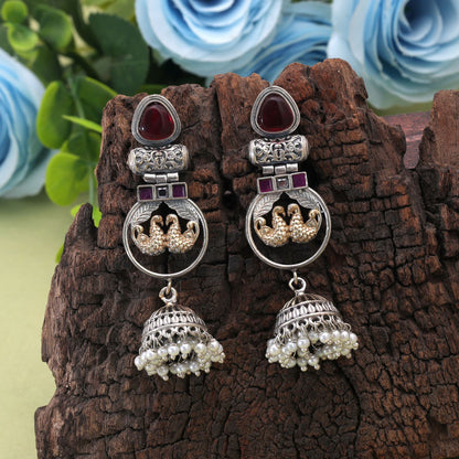 Maroon Color Dual Tone Oxidised Earrings For Graceful Traditional Styling