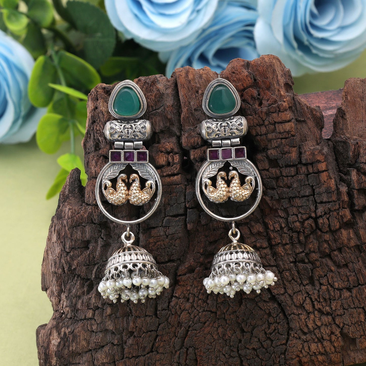 Rani & Green Color Dual Tone Oxidised Earrings For Festive Fashion
