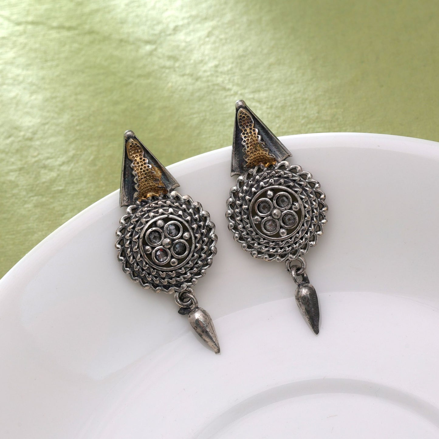 Gold & Silver Color Dual Tone Oxidised Earrings With Unique Detailing