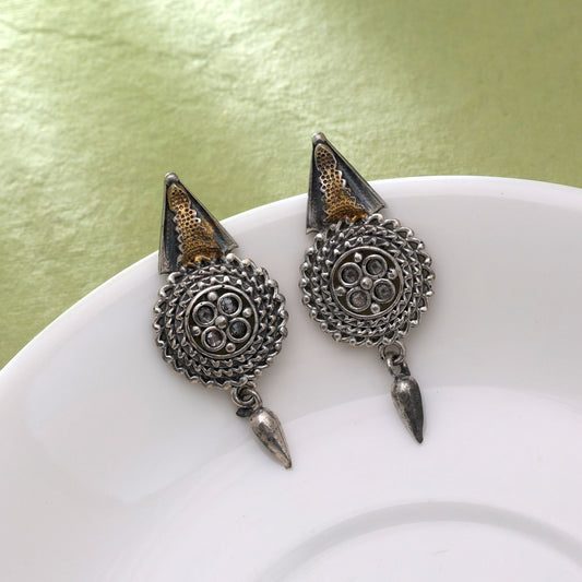 Gold & Silver Color Dual Tone Oxidised Earrings With Unique Detailing