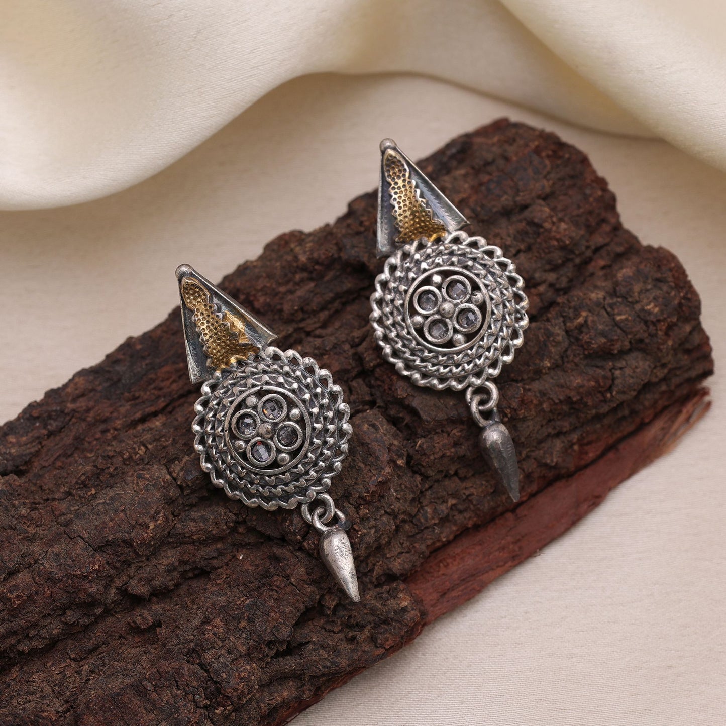 Gold & Silver Color Dual Tone Oxidised Earrings With Unique Detailing