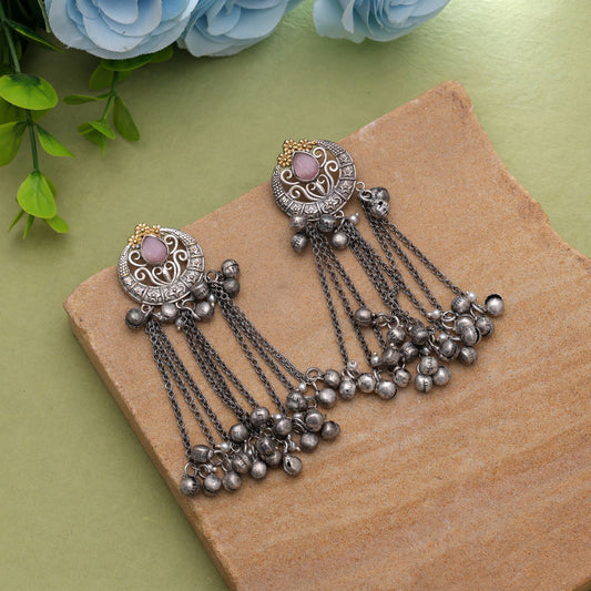 Light Pink Color Dual Tone Oxidised Earrings For Elegant Occasions