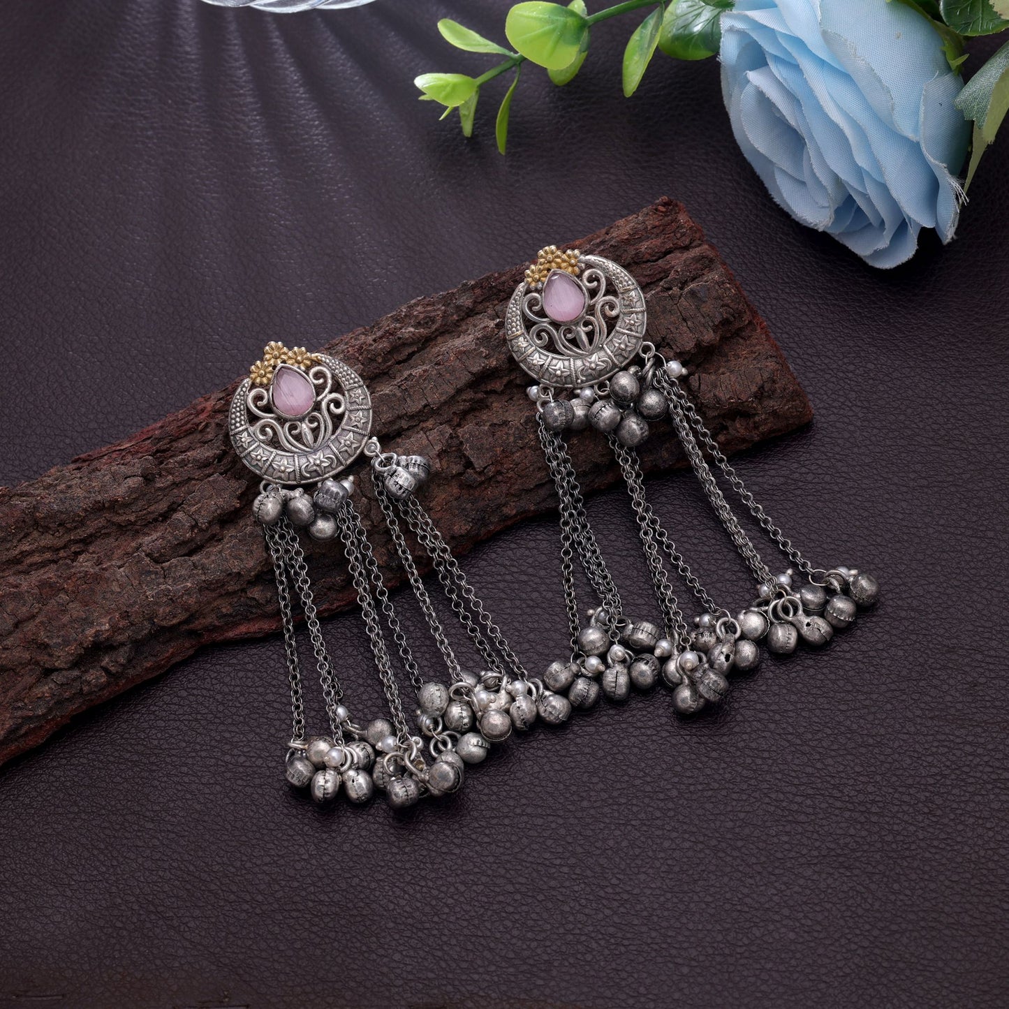 Light Pink Color Dual Tone Oxidised Earrings For Elegant Occasions