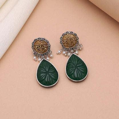 Green Color Dual Tone Oxidised Earrings For Festive Traditional Outfits
