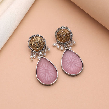 Light Pink Color Dual Tone Oxidised Earrings With Modern Ethnic Touch