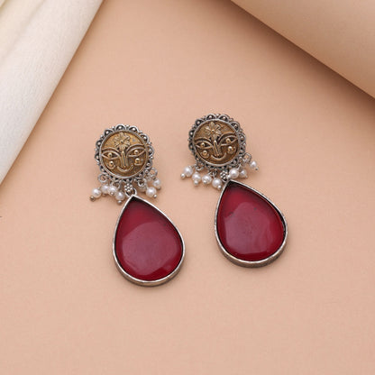 Maroon Color Dual Tone Oxidised Earrings With Traditional Beauty Appeal