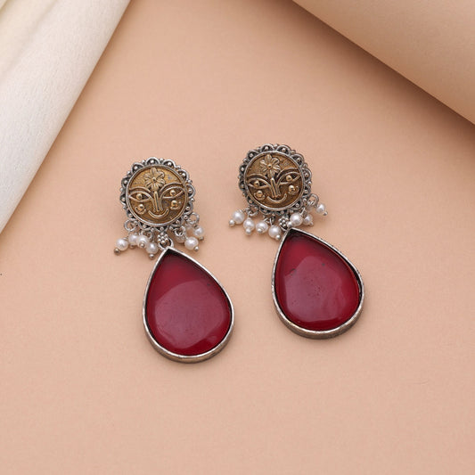 Maroon Color Dual Tone Oxidised Earrings With Traditional Beauty Appeal