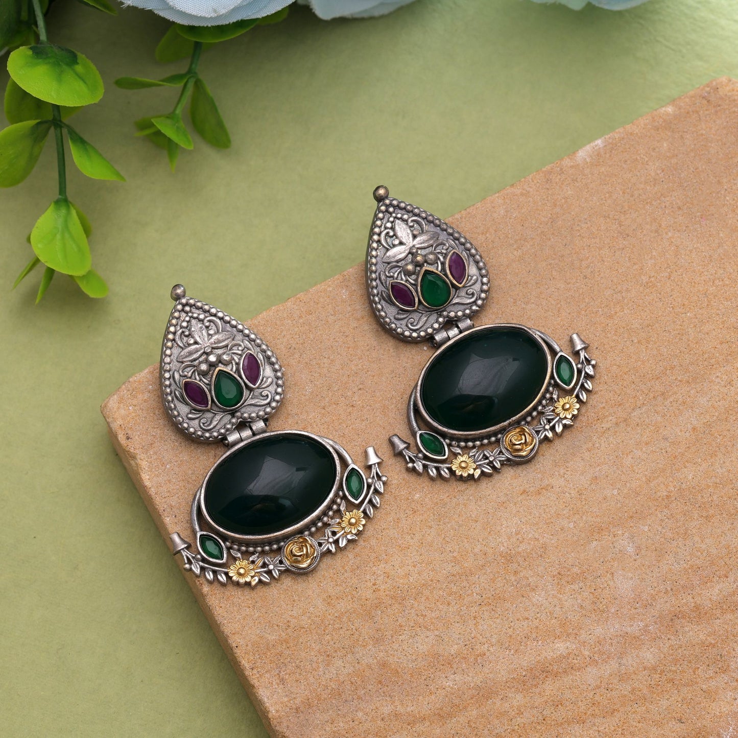 Green Color Dual Tone Oxidised Earrings With Premium Artistic Finish