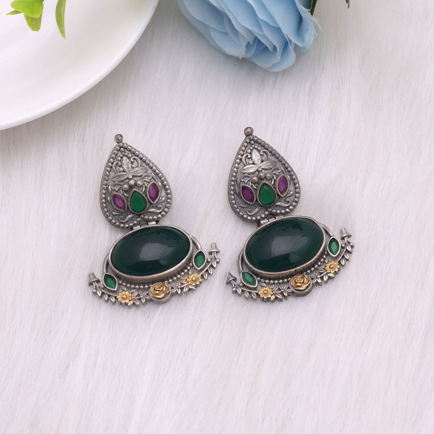 Green Color Dual Tone Oxidised Earrings With Premium Artistic Finish