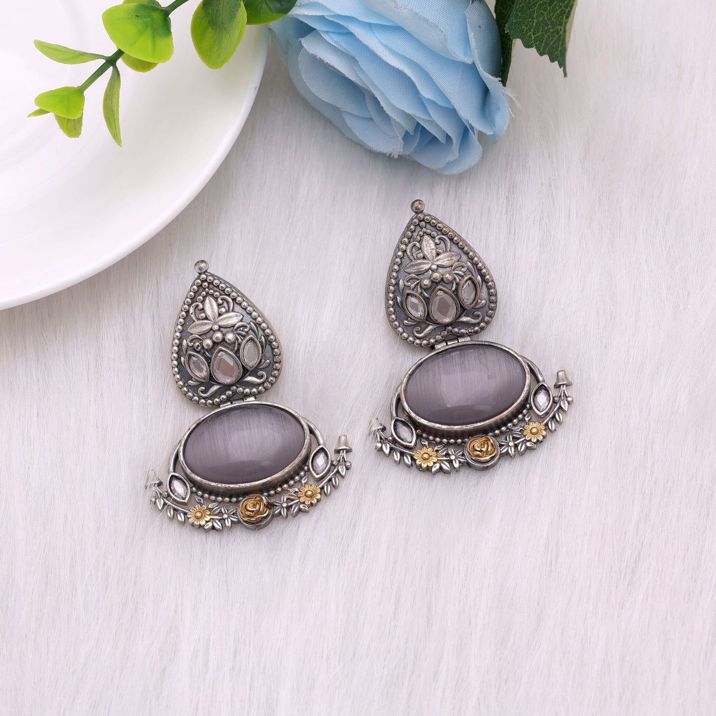Grey Color Dual Tone Oxidised Earrings For Sophisticated Ethnic Look