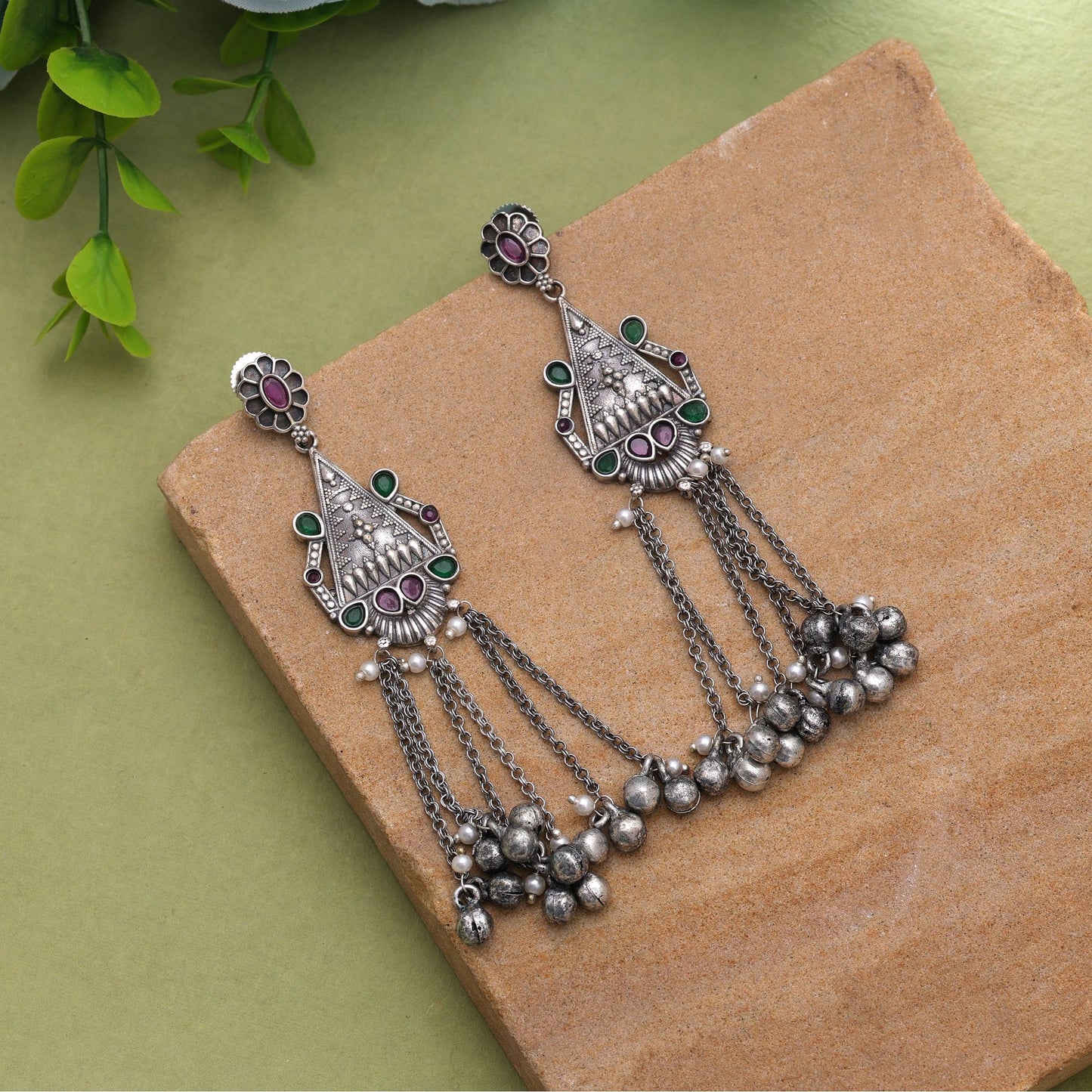 Rani & Green Color Oxidised Earrings For Vibrant Festive Styling