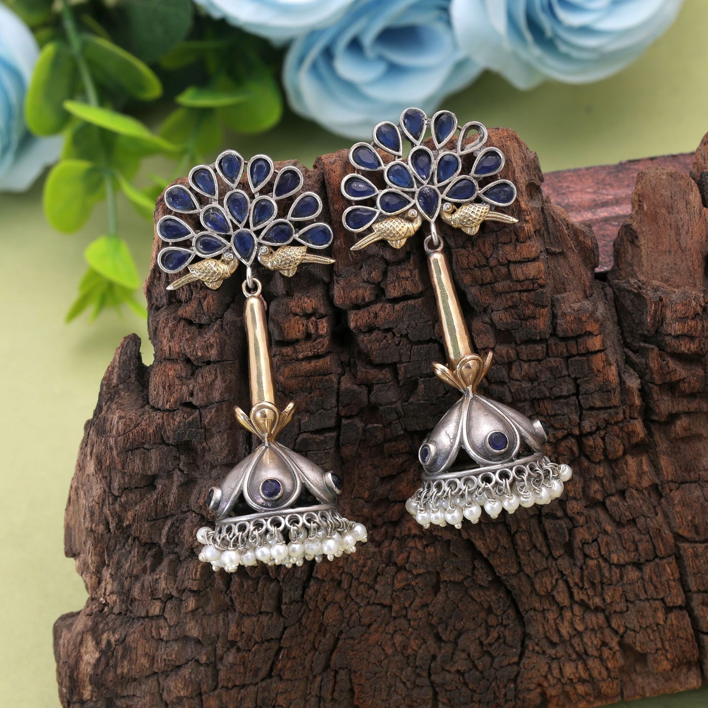 Blue Color Dual Tone Oxidised Earrings For Elegant Occasion Wear
