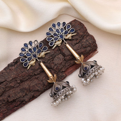 Blue Color Dual Tone Oxidised Earrings For Elegant Occasion Wear