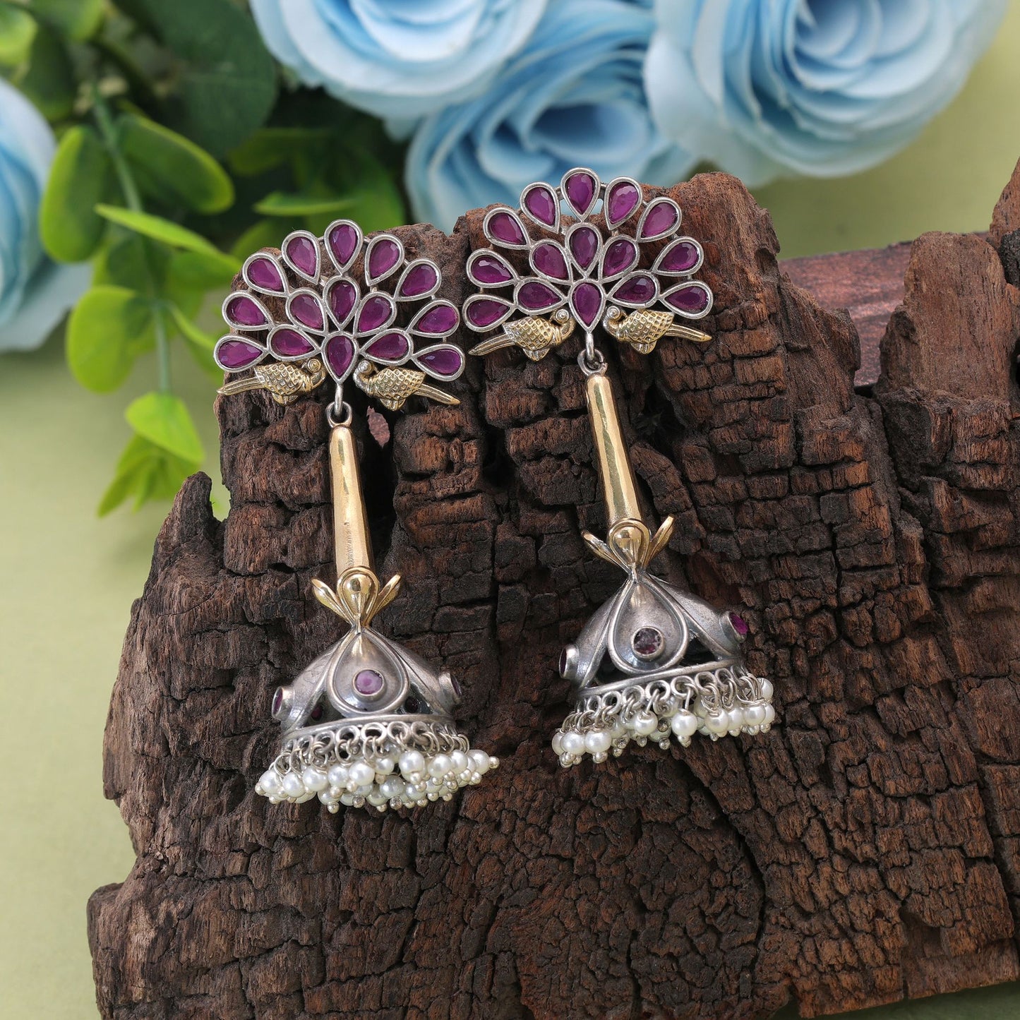 Rani Color Dual Tone Oxidised Earrings With Detailed Traditional Craft